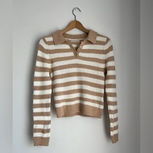 American Eagle Womens Small Pullover Long Sleeves Collared Sweater Cream Stripes